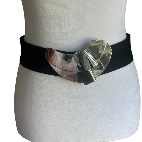 Vintage Black Elastic Waist Cincher abstract Silver Buckle M/L - Picture 1 of 7